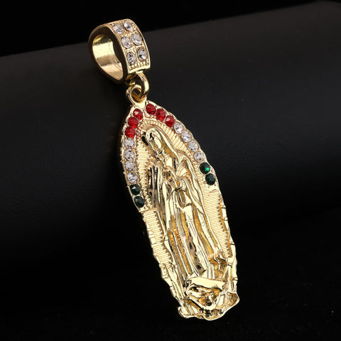 Cz Wave Oval Mexican Color Guadalupe Pendant 14k Gold PT 20" Cuban & Rope Chain