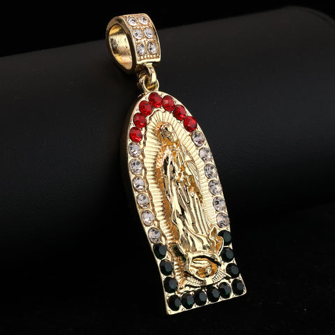 Cz Flat Bottom Mexican Color Guadalupe Pendant 14k Gold PT 20" Cuban & Rope Chain