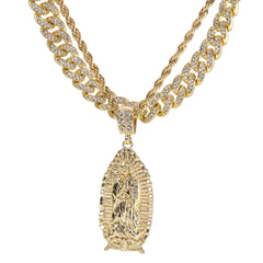 Wide Oval Guadalupe Pendant 14k Gold PT 20" Cuban & Rope Chain