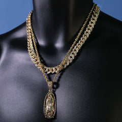 Thin Oval Guadalupe Pendant 14k Gold PT 20" Cuban & Rope Chain