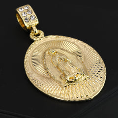 Plain Wide Oval Guadalupe Pendant 14k Gold PT 20" Cuban & Rope Chain