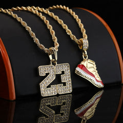 23 & Cherry Shoe Pendant Men's Gold Plated 24" Rope Chain Hip-Hop Necklace