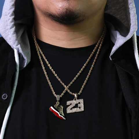 23 & Retro Bread Shoe Pendant Men's Gold Plated 24" Rope Chain Hip-Hop Necklace