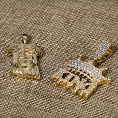 Jesus PlainFace & King Drip Pendant 20, 24" Cubic-Zirconia Gold Plated