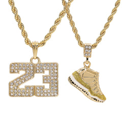 23 & Championship Shoe Pendant Men's Gold Plated 24" Rope Chain Hip-Hop Necklace