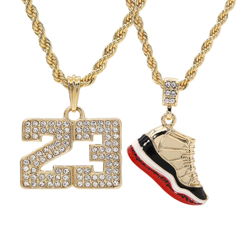23 & Retro Bread Shoe Pendant Men's Gold Plated 24" Rope Chain Hip-Hop Necklace