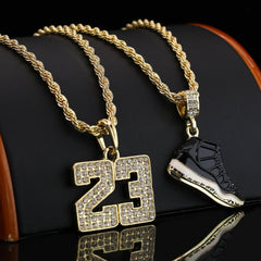 23 & Space Jam Shoe Pendant Men's Gold Plated 24" Rope Chain Hip-Hop Necklace