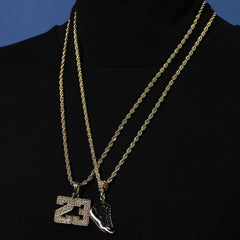 23 & Space Jam Shoe Pendant Men's Gold Plated 24" Rope Chain Hip-Hop Necklace