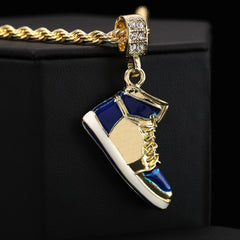 23 & Retro 1 Blue Shoe Pendant Men's Gold Plated 24 Rope Chain Hip-Hop Necklace