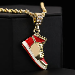 23 & Retro 1 Red Shoe Pendant Men's Gold Plated 24 Rope Chain Hip-Hop Necklace