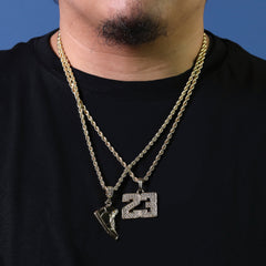 23 & Clear Retro Shoe Pendant Men's Gold Plated 24 Rope Chain Hip-Hop Necklace