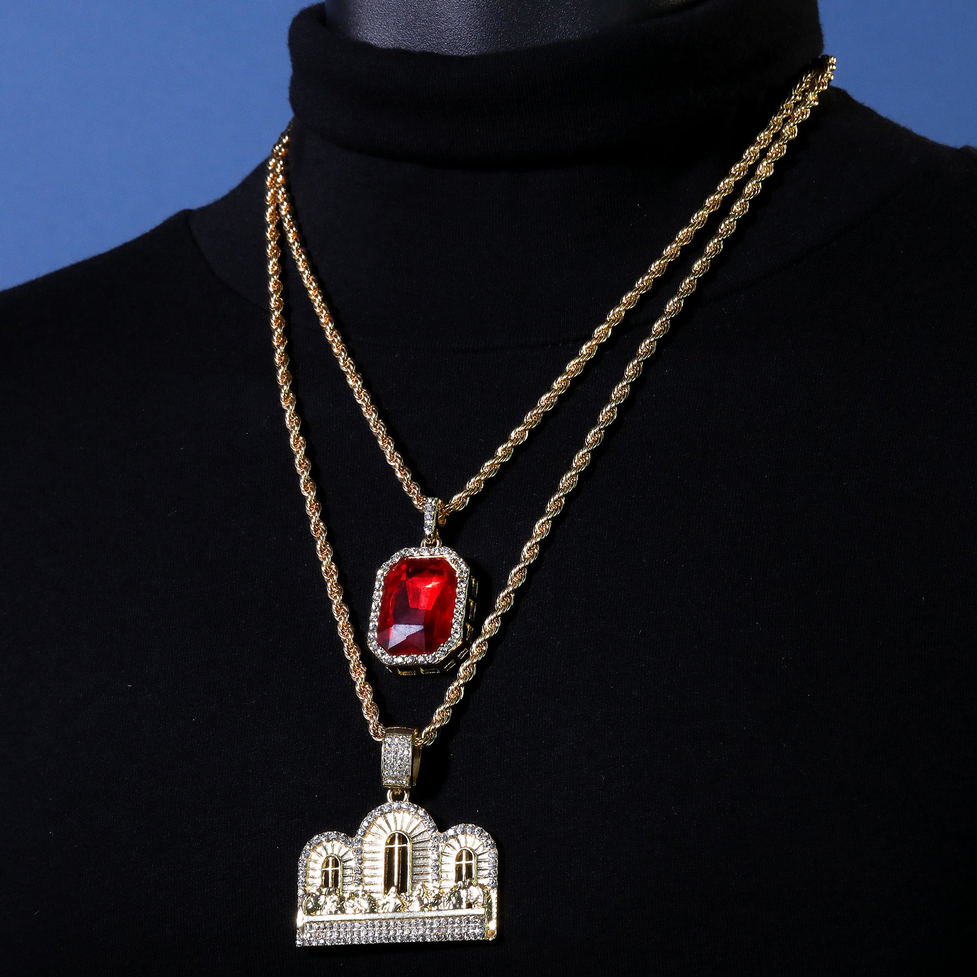 Gold Plated Red Stone & Last Supper Temple Pendant Cubic-Zirconia Rope Chain