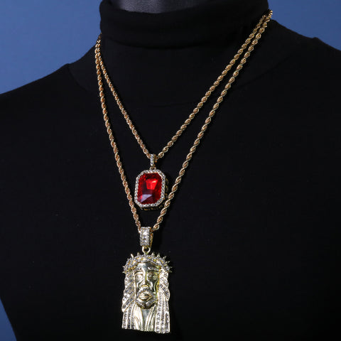 Gold Plated Red Stone & Thorn Crown Jesus Face Pendant Cubic-Zirconia Rope Chain