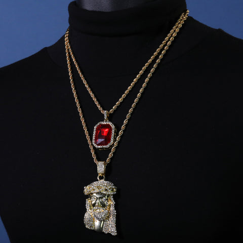 Gold Plated Red Stone & Crowned Bearded Jesus Pendant Cubic-Zirconia Rope Chain
