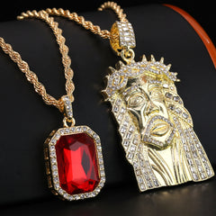Gold Plated Red Stone & Thorn Crown Jesus Face Pendant Cubic-Zirconia Rope Chain