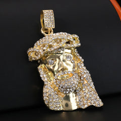 Gold Plated Red Stone & Crowned Bearded Jesus Pendant Cubic-Zirconia Rope Chain