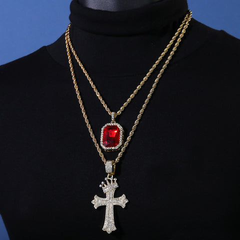 Gold Plated Red Stone & Crown Sharp Cross Pendant Cubic-Zirconia Rope Chain