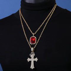Gold Plated Red Stone & Crown Sharp Cross Pendant Cubic-Zirconia Rope Chain