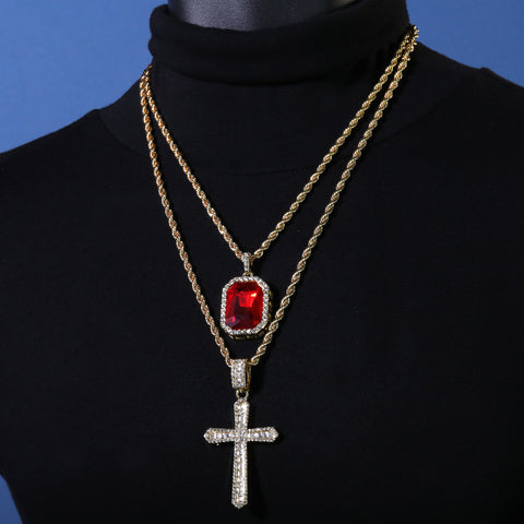 Gold Plated Red Stone & Thin Sharp Cross Pendant Cubic-Zirconia Rope Chain