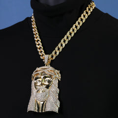 Large Jumbo Huge Crowned Jesus Face 14k Gold Plated 20" Cuban Chain Necklace