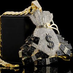 Large Jumbo Huge Money Sign Bag 14k Gold Plated 20" Cuban Chain Choker Necklace