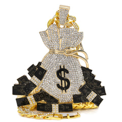 Large Jumbo Huge Money Sign Bag 14k Gold Plated 20" Cuban Chain Choker Necklace