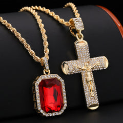 Gold Plated Red Stone & 012 Jesus Cross Pendant Cubic-Zirconia Rope Chain
