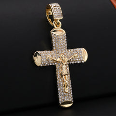 Gold Plated Red Stone & 012 Jesus Cross Pendant Cubic-Zirconia Rope Chain