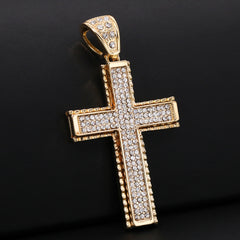 Gold Plated Red Stone & Jagged Edge Cross Pendant Cubic-Zirconia Rope Chain