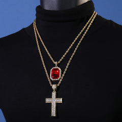 Gold Plated Red Stone & Jagged Edge Cross Pendant Cubic-Zirconia Rope Chain