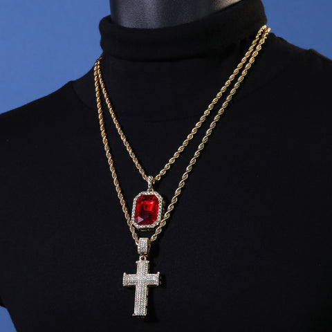 Gold Plated Red Stone & Iced Staple Cross Pendant Cubic-Zirconia Rope Chain