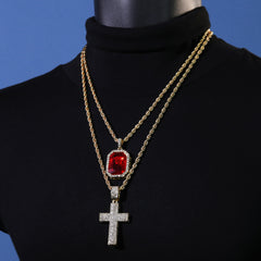Gold Plated Red Stone & Iced Flat Cross Pendant Cubic-Zirconia Rope Chain
