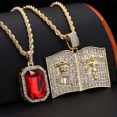 Gold Plated Red Stone & Holy Bible Jesus Pendant Cubic-Zirconia Rope Chain