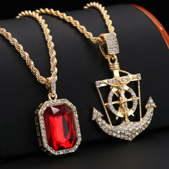 Gold Plated Red Stone & Jesus Anchor Pendant Cubic-Zirconia Rope Chain