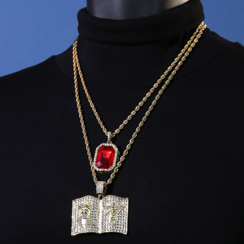 Gold Plated Red Stone & Holy Bible Jesus Pendant Cubic-Zirconia Rope Chain