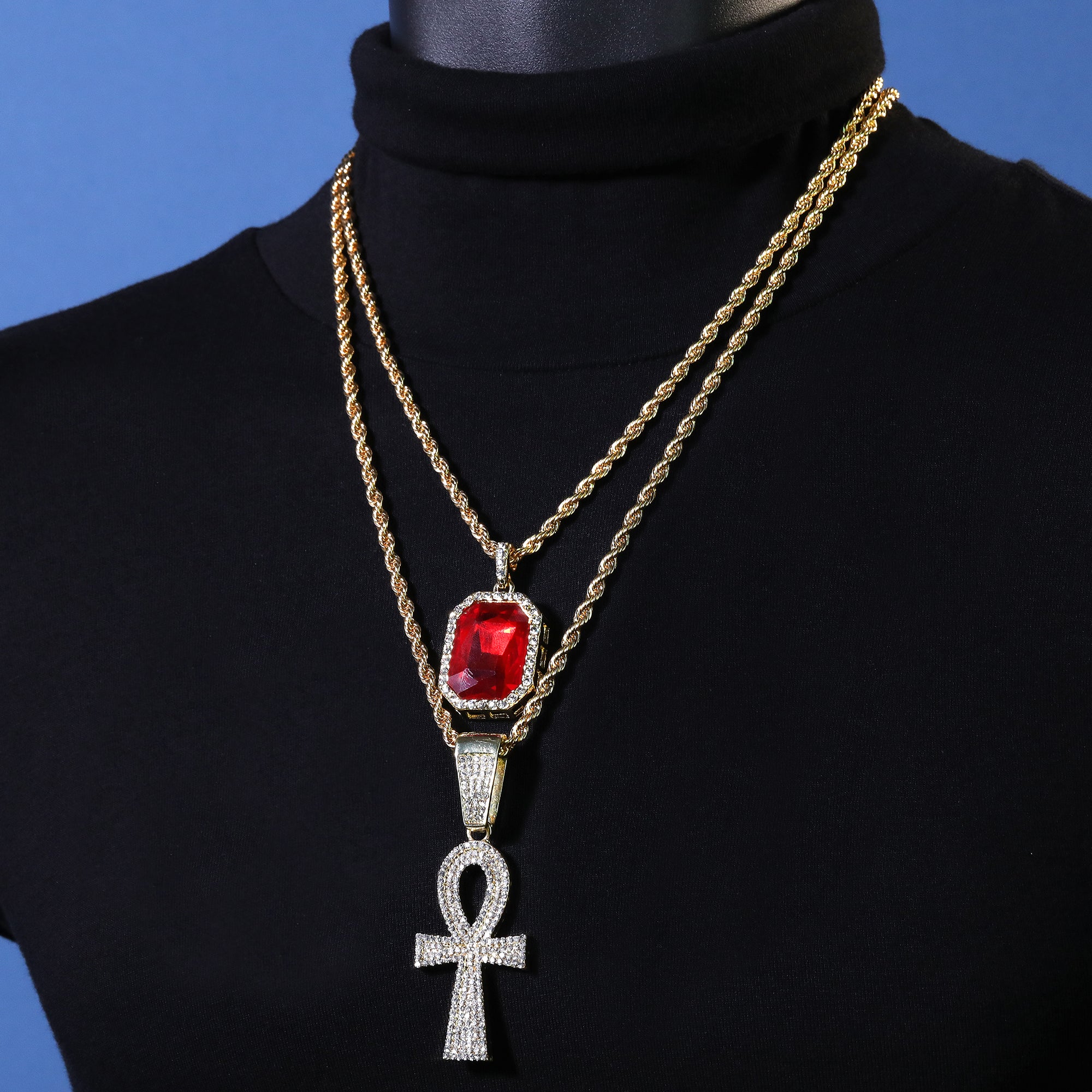 Gold Plated Red Stone & Ankh Cross Pendant Cubic-Zirconia Rope Chain