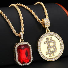 Gold Plated Red Stone & Mirror Bitcoin Pendant Cubic-Zirconia Rope Chain