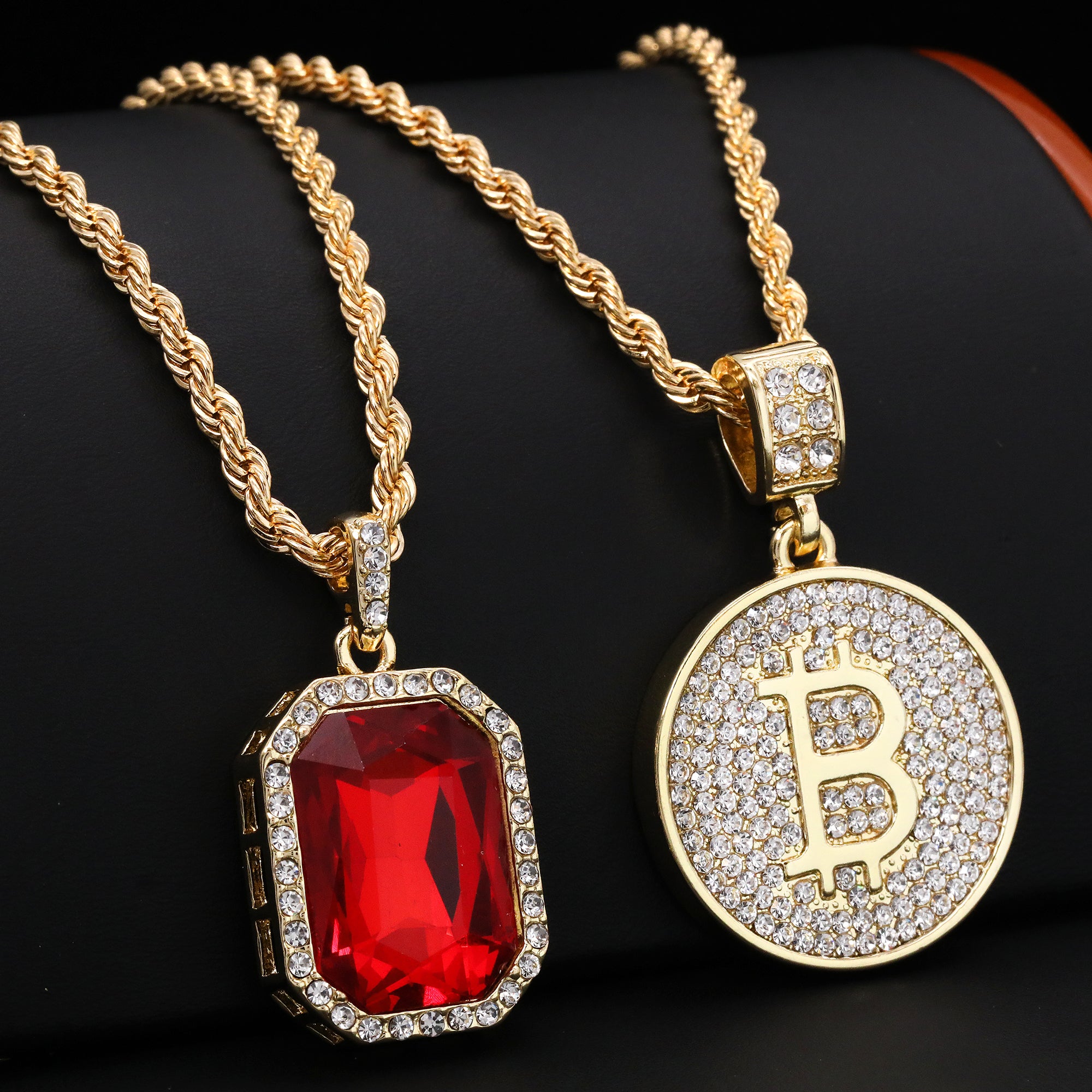 Gold Plated Red Stone & Iced Bitcoin Pendant Cubic-Zirconia Rope Chain