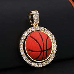 Gold Plated Red Stone & Basketball Spinner Pendant Cubic-Zirconia Rope Chain