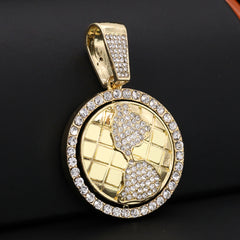 Gold Plated Red Stone & Iced World Globe Pendant Cubic-Zirconia Rope Chain