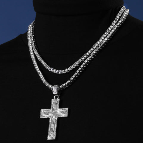 Two Cross Pendant Silver Plated ICED Two Tennis 18", 20" Chain Choker