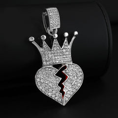 Broken Heart Crown Pendant Silver Plated ICED Two Tennis 18", 20" Chain Choker