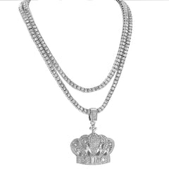 King Crown Pendant Silver Plated ICED Two Tennis 18", 20" Chain Choker