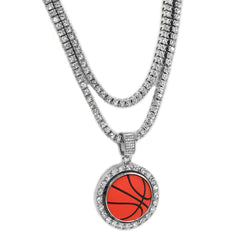 Cubic-Zirconia Round Basketball Pendant Silver Plated Two Tennis 18", 20" Chain