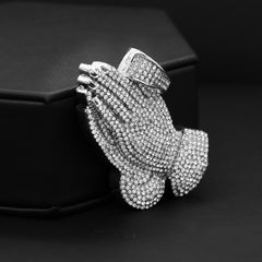 Cubic-Zirconia Thick Prayer Hands Pendant Silver Plated Tennis 18" Chain Choker