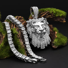 Cubic-Zirconia Thick Lion Face Pendant Silver Plated Tennis 18" Chain Choker