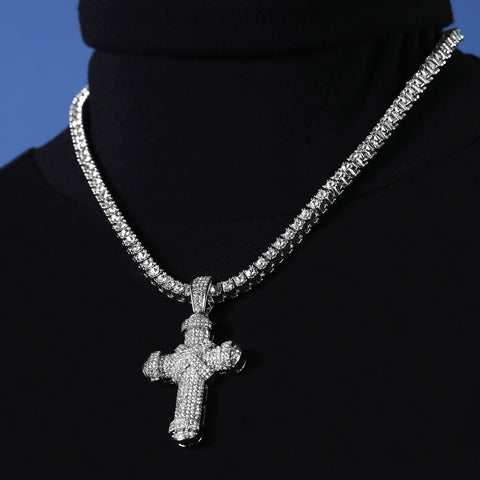 Cubic-Zirconia Thick X Cross Pendant Silver Plated Tennis 18" Chain Choker