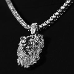 Cubic-Zirconia Thick Lion Face Pendant Silver Plated Tennis 18" Chain Choker