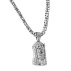 Cubic-Zirconia Thick Jesus Crown Pendant Silver Plated Tennis 18" Chain Choker