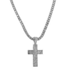 Cubic-Zirconia Thick Layer Cross Pendant Silver Plated Tennis 18" Chain Choker
